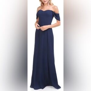 Wayf Navy Square-Neck Maxi Gown with Sleeves